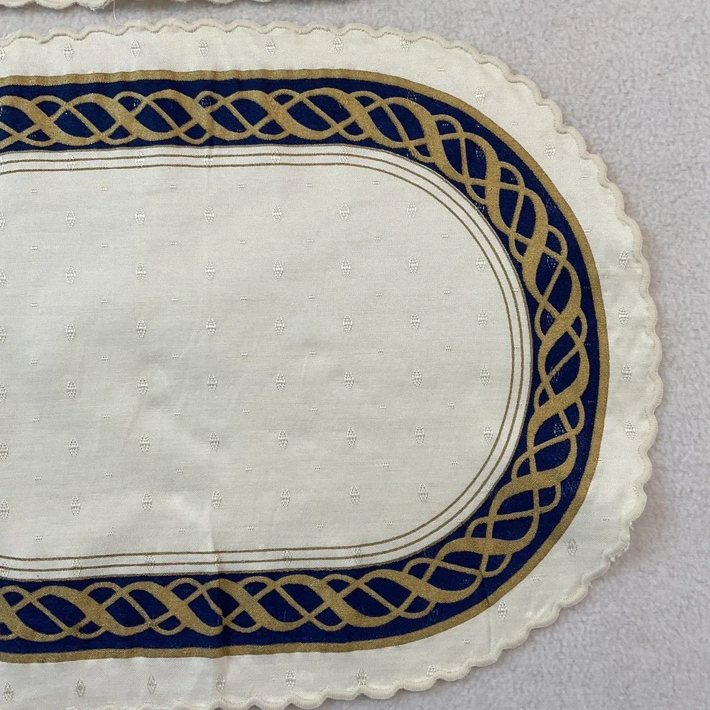 Lenox Hamilton Oval Placemats Cloth Set Of 2 Ivory Gold Navy Blue Vintage Lot #5